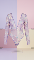 Sheer mesh bodysuit with lavender embroidery
