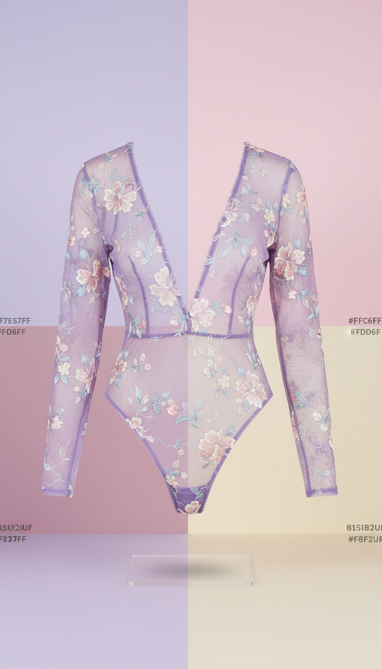 Sheer mesh bodysuit with lavender embroidery